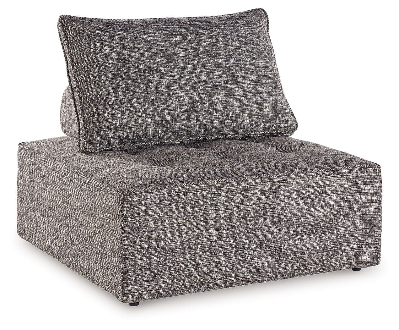 Outdoor sectional chaise module, dark gray fabric with square seat and back cushions