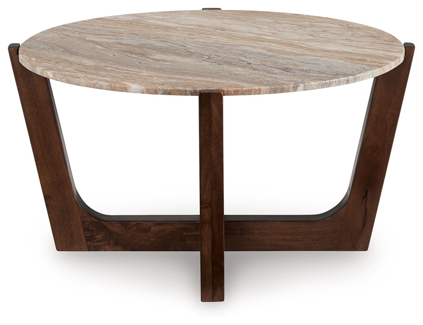 Round cocktail table with warm brown legs and round light wood tabletop