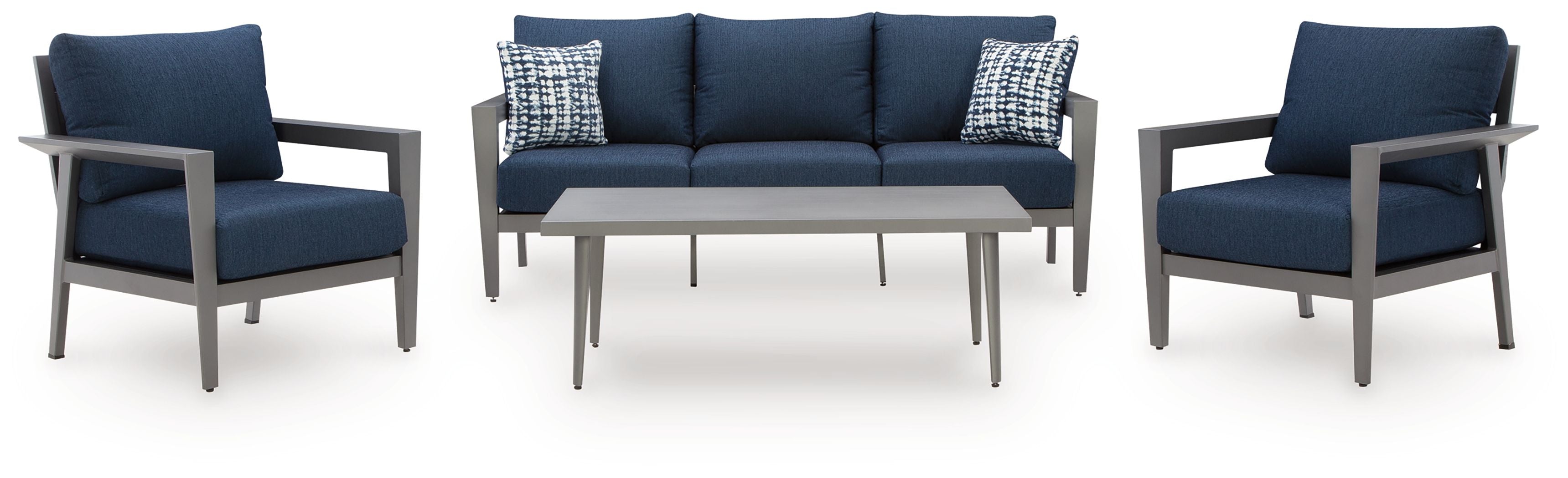 Patio loveseat and armchairs set with navy cushions, gray frames, and patterned pillows