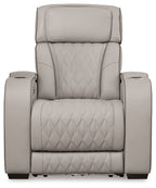 Gray power recliner front view with wide arms, quilted back and seat cushions