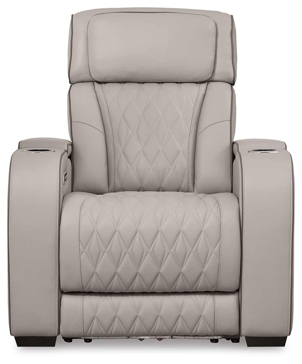 Gray power recliner front view with wide arms, quilted back and seat cushions