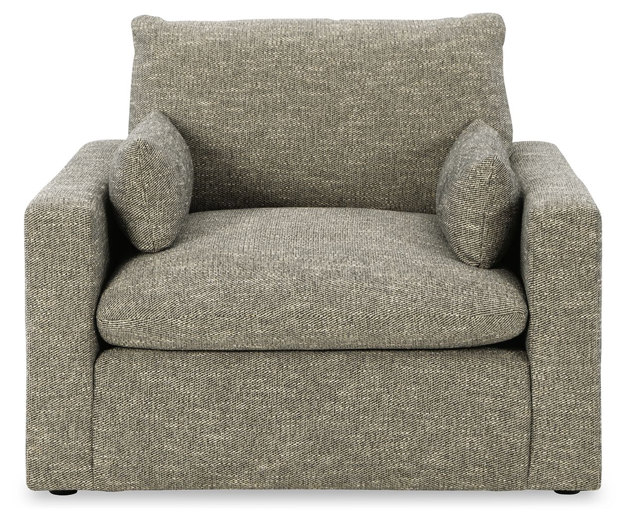Granite gray chair and a half armchair with two bolster pillows and square base
