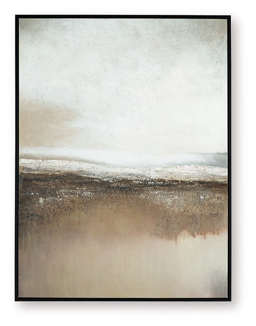 Abstract wall art with gray, brown, and white layered horizon in a black frame