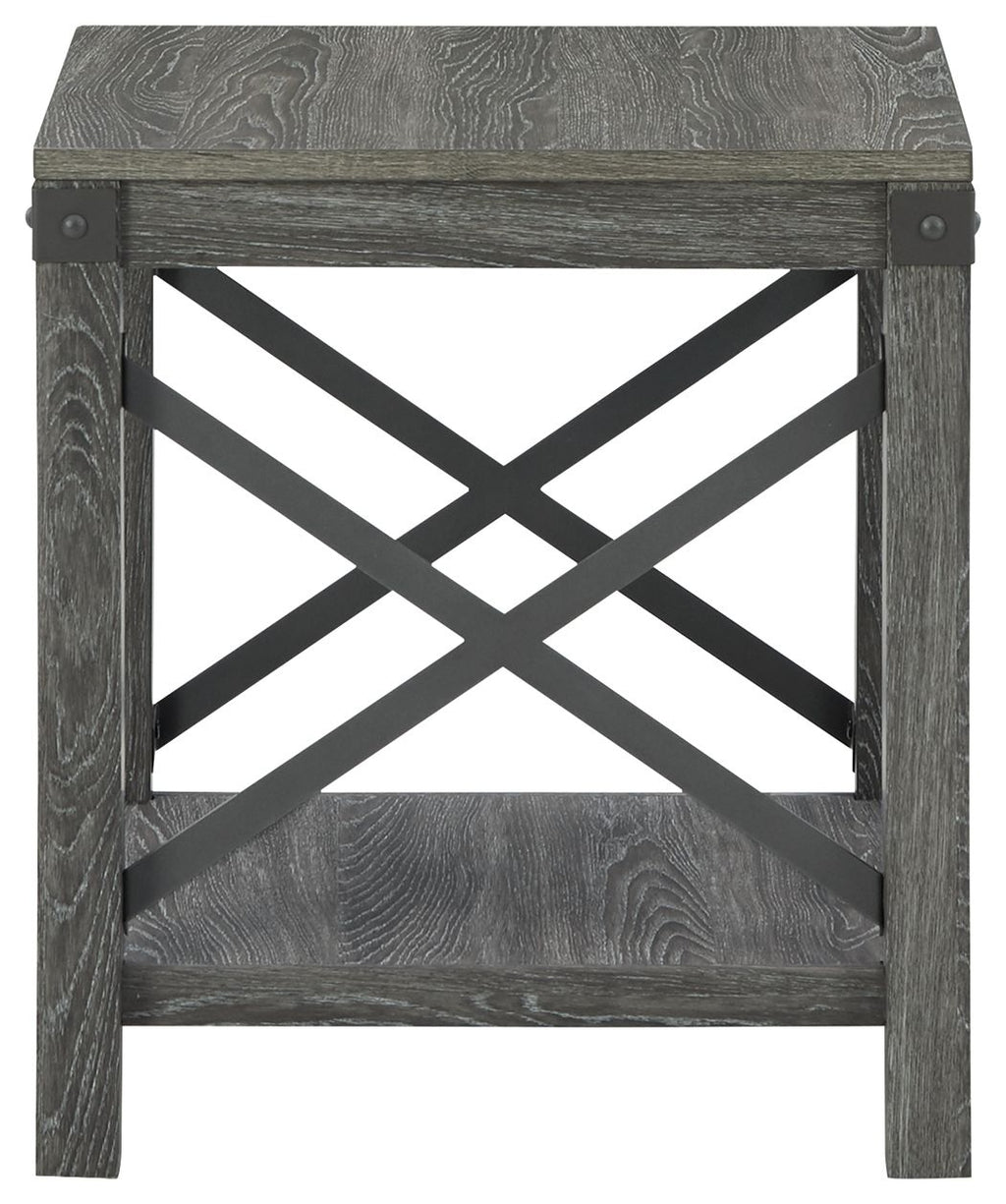 Square end table front view with grayish brown top, X brace panels, and shelf