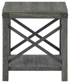 Square end table front view with grayish brown top, X brace panels, and shelf