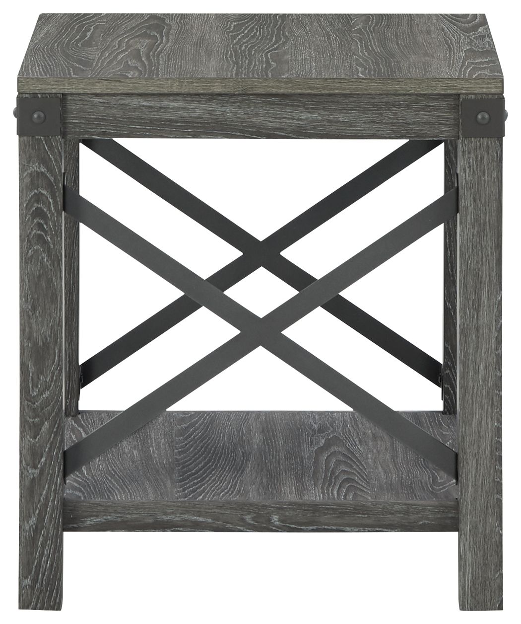 Square end table front view with grayish brown top, X brace panels, and shelf