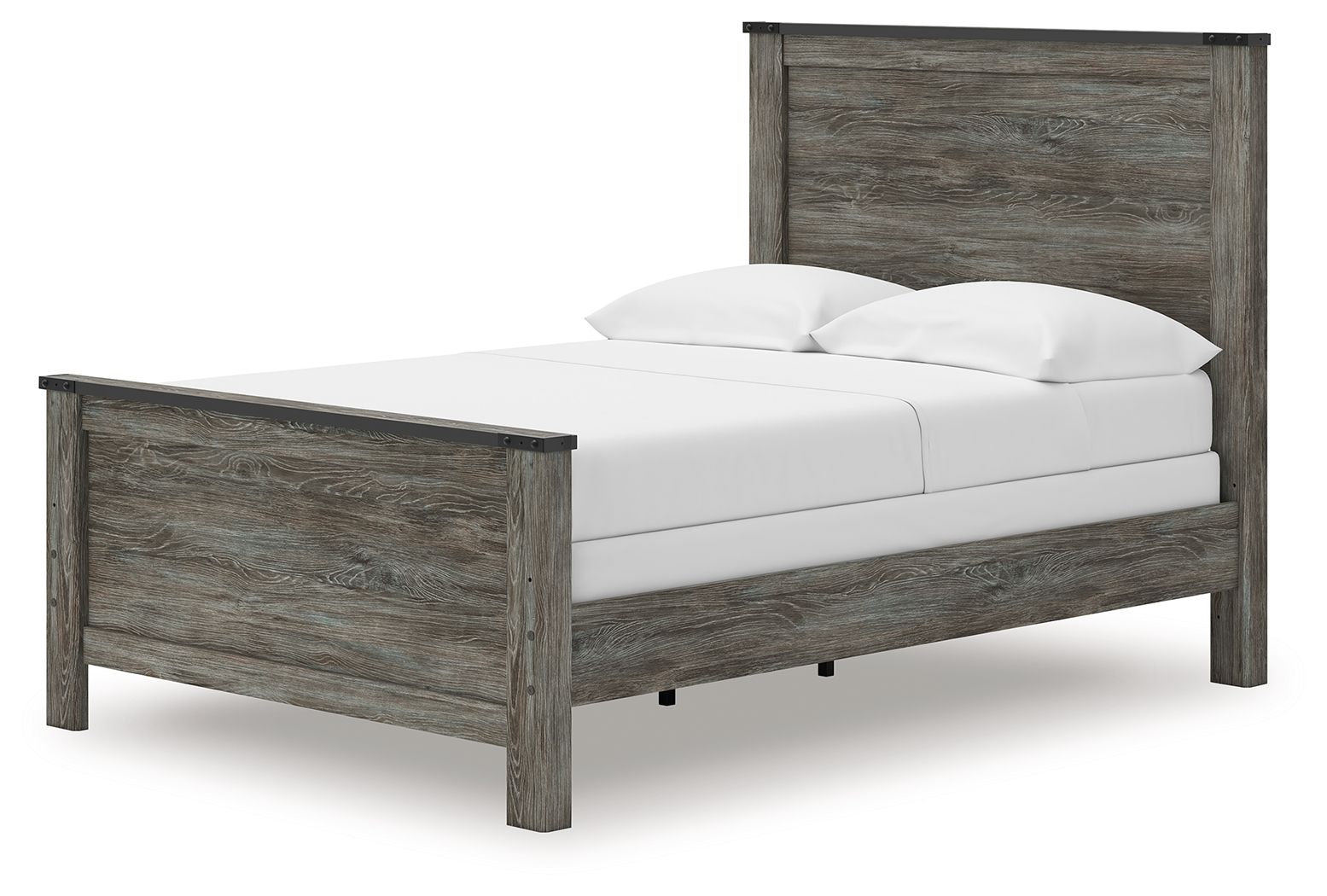 Gray panel bed with white mattress and pillows