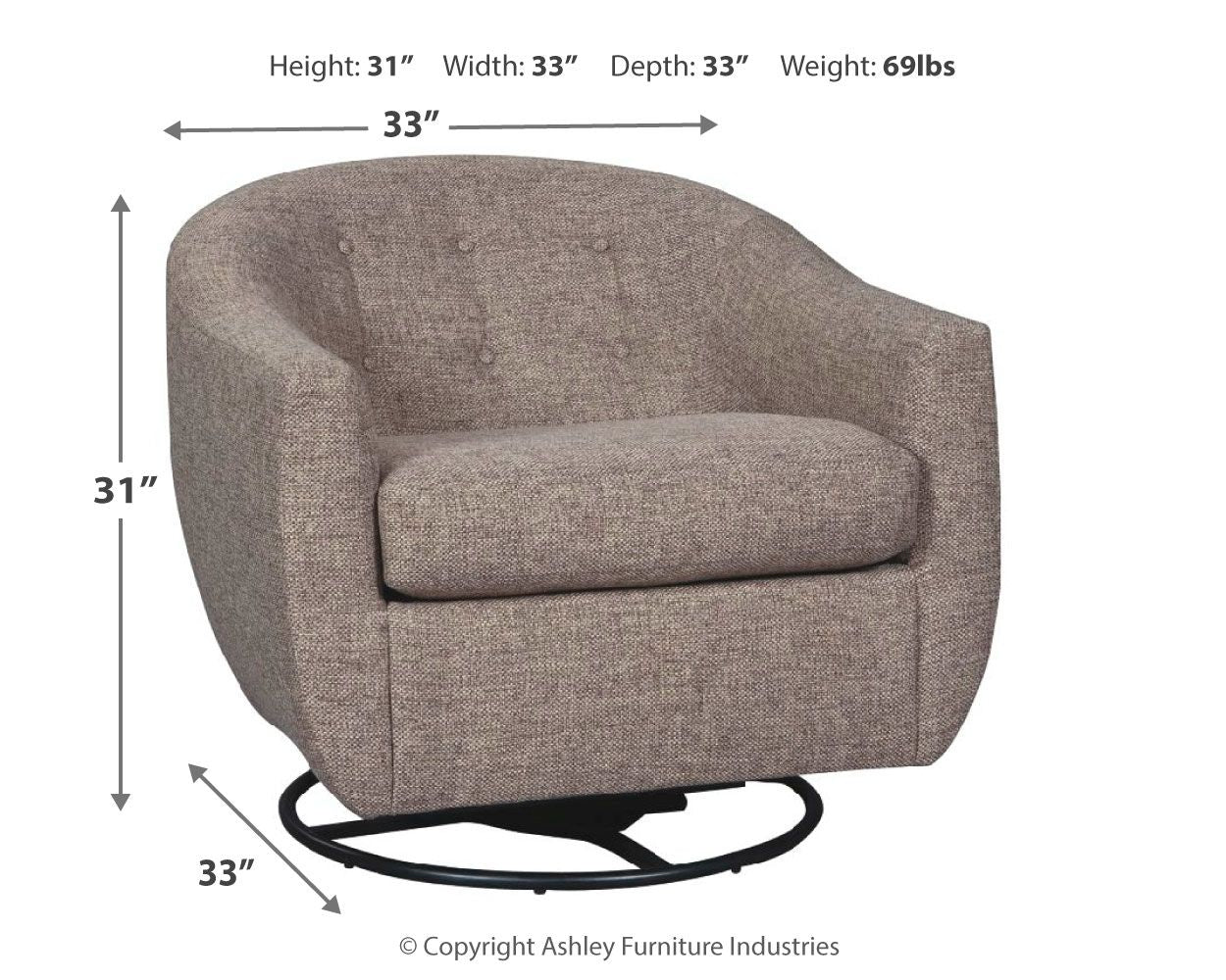 Taupe swivel accent chair with rounded back, upholstered seat, and black rotating base.