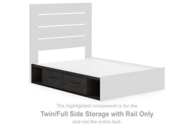 Twin/Full bed with side storage rail and dark gray front drawers