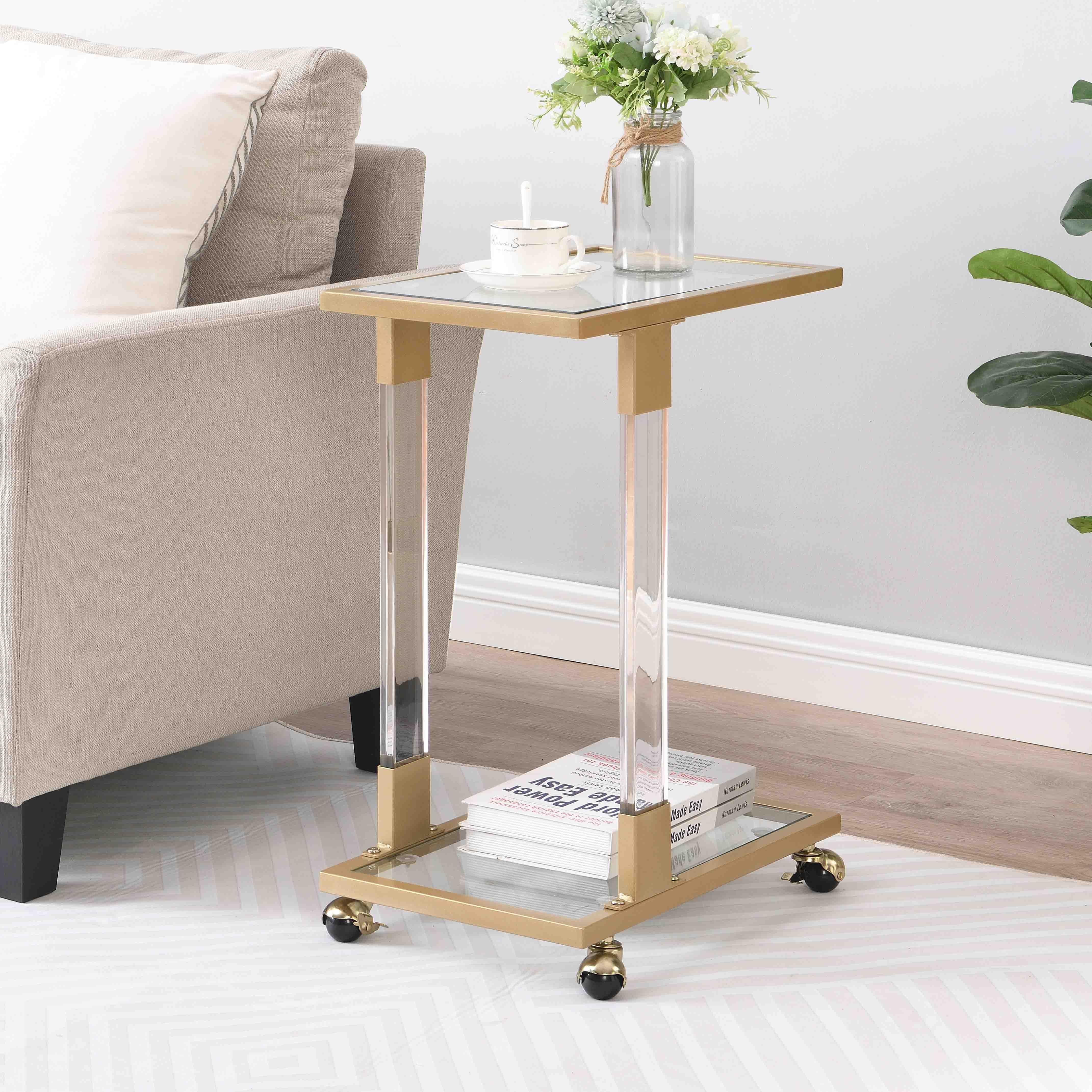 Golden Side Table, Acrylic Sofa Table, Glass Top C Shape Square Table With Metal Base For Living Room, Balcony Home And Office