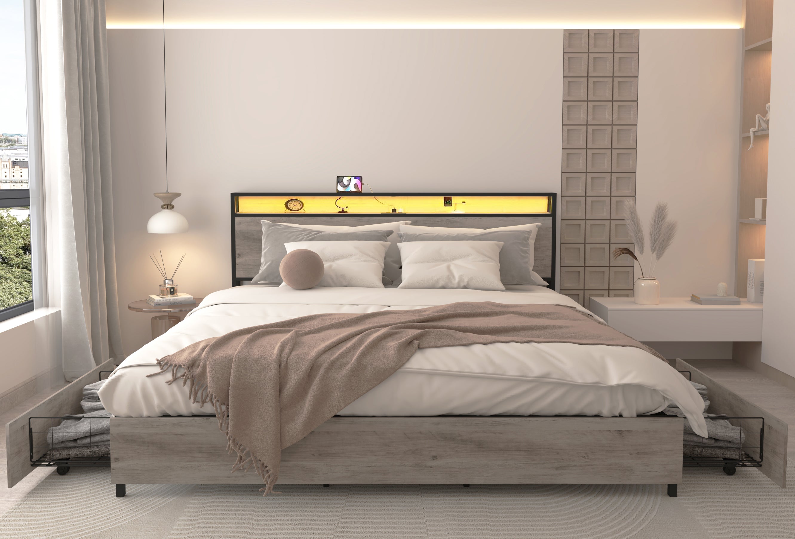 King Bed Frame, Storage Headboard, Charging, Noise-Free, No Box Spring