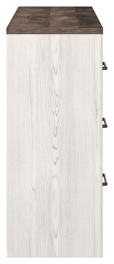 White wood dresser side panel with metal drawer pulls and dark top