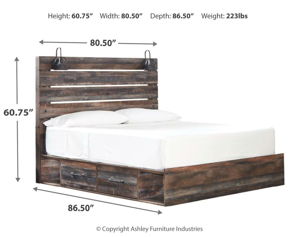 Dark wood panel bed with slatted headboard and four drawer fronts, white mattress and pillows