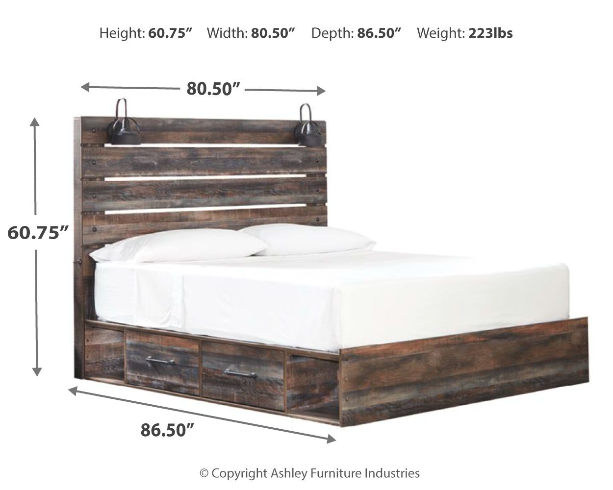 Dark wood panel bed with slatted headboard and four drawer fronts, white mattress and pillows
