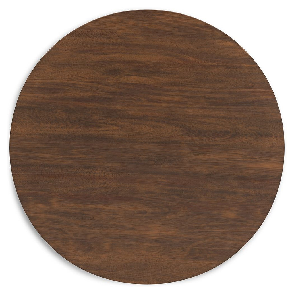 Brown round dining room table top with wood grain finish