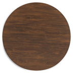 Brown round dining room table top with wood grain finish