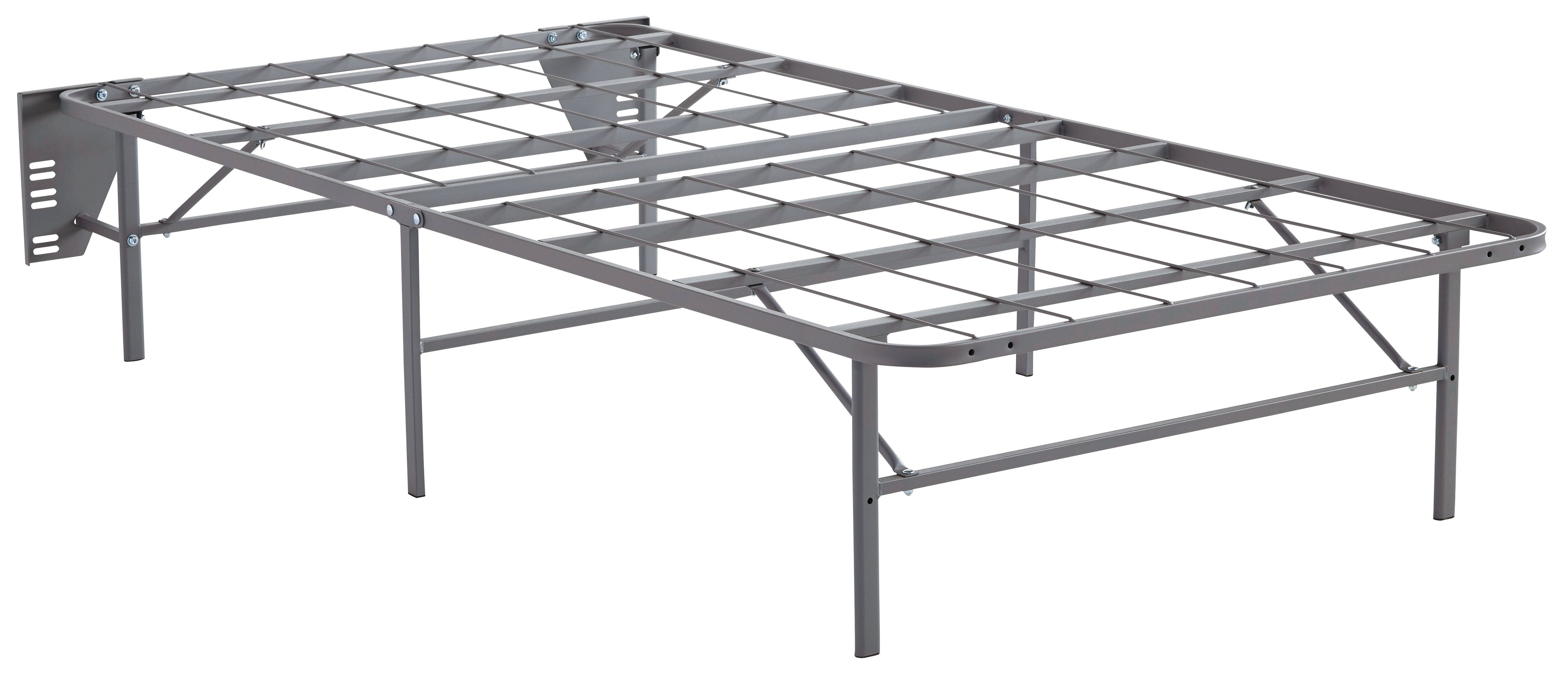 Gray bed foundation frame with metal support slats