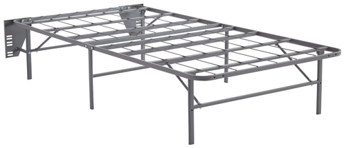 Gray bed foundation frame with metal support slats