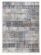 5' x 7' abstract multi-color rug with gray, white, black and orange pattern
