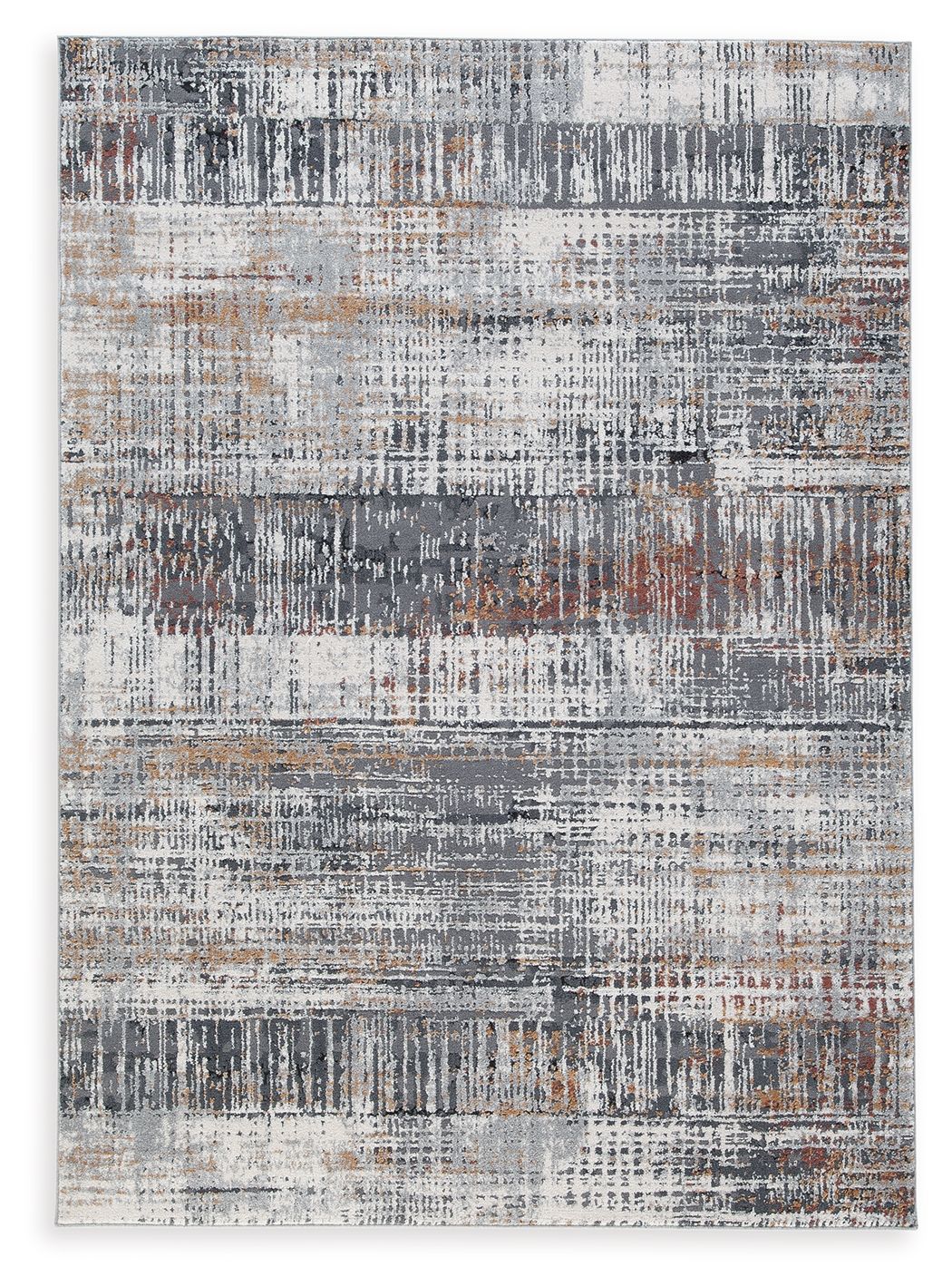 5' x 7' abstract multi-color rug with gray, white, black and orange pattern