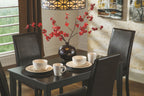 Dining table set with dark wood table and dark upholstered side chairs