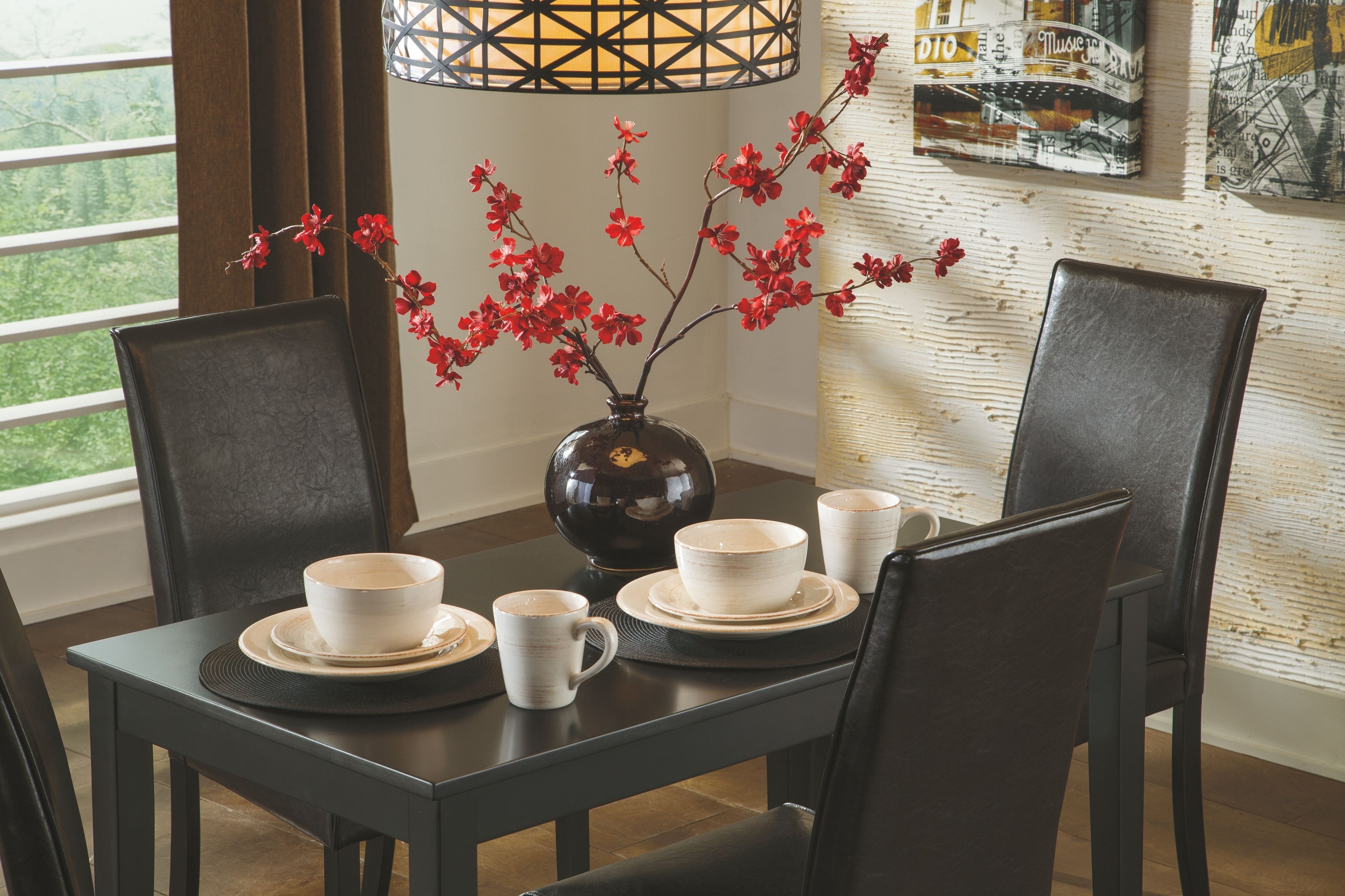 Dining table set with dark wood table and dark upholstered side chairs