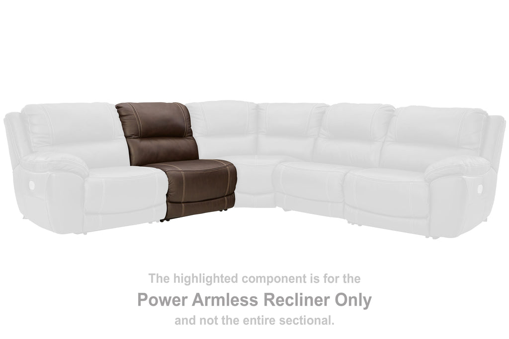 Chocolate power armless recliner with adjustable headrest and padded back