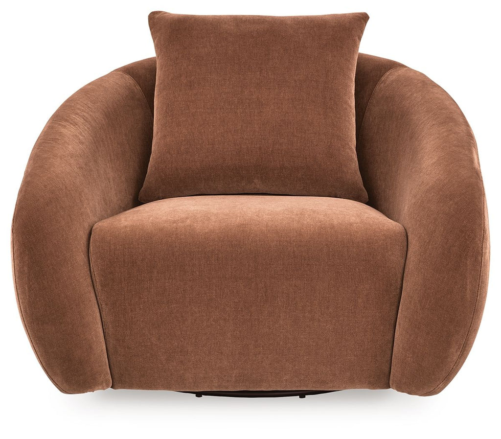 Brown swivel accent chair front view with tall back cushion and padded armrests