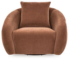 Brown swivel accent chair front view with tall back cushion and padded armrests