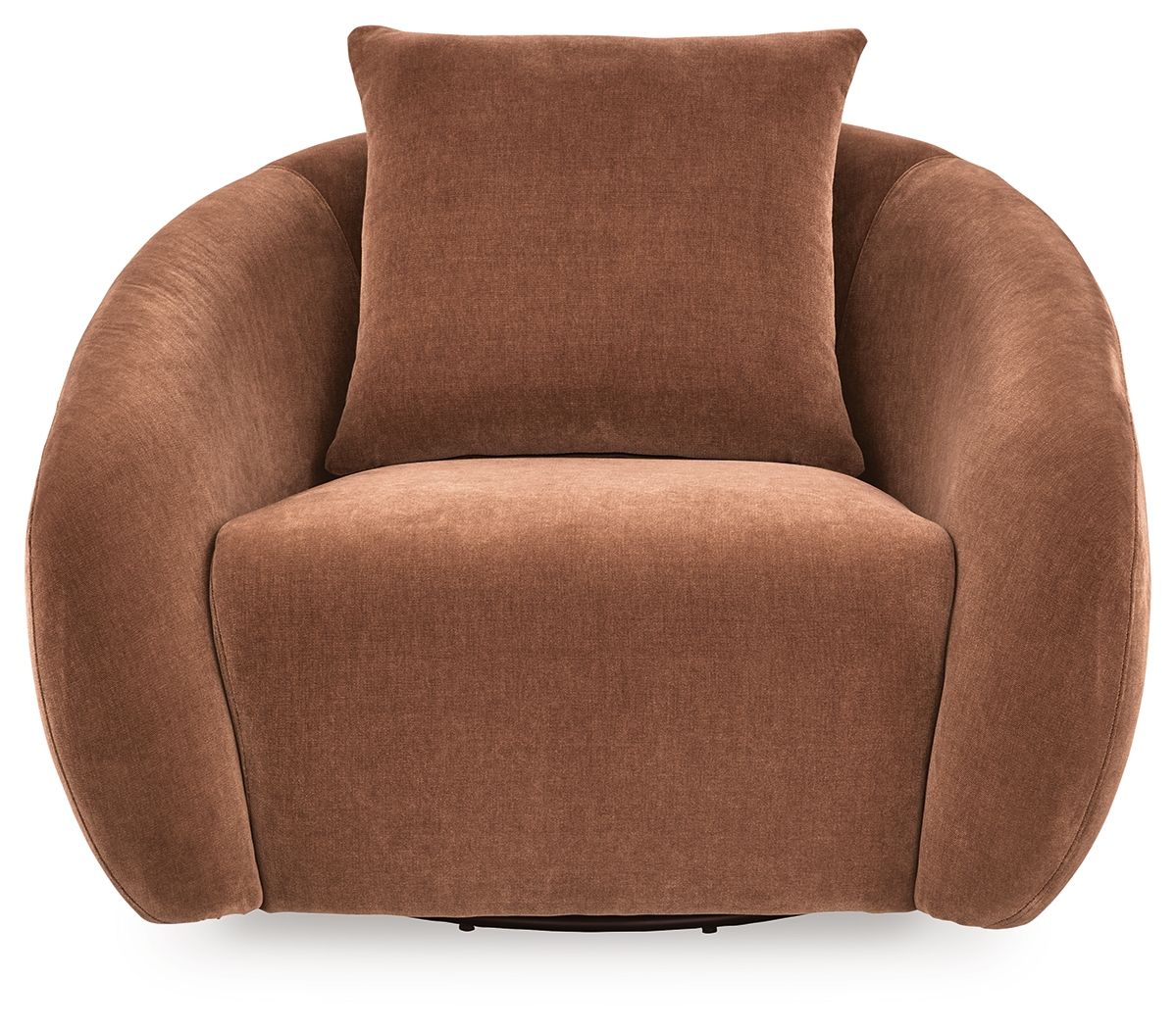 Brown swivel accent chair front view with tall back cushion and padded armrests