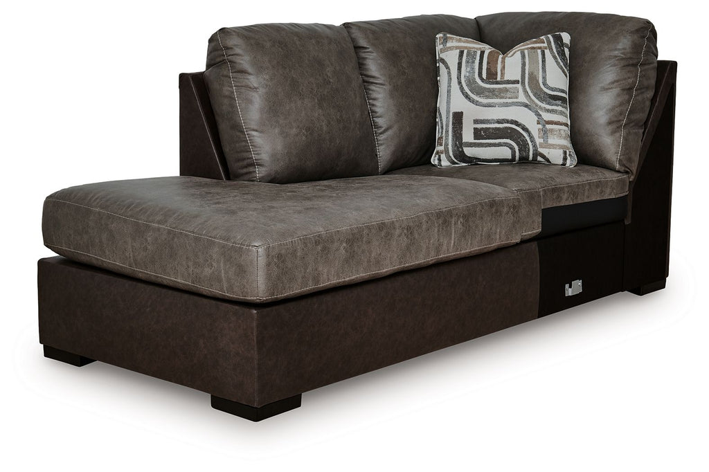 Fossil brown corner chaise with padded seat, boxed arms, and geometric throw pillows