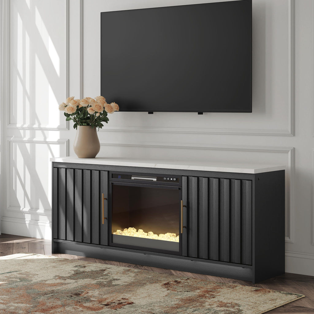 Black TV stand with TV panel and built-in fireplace insert, open flame effect