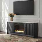 Black TV stand with TV panel and built-in fireplace insert, open flame effect