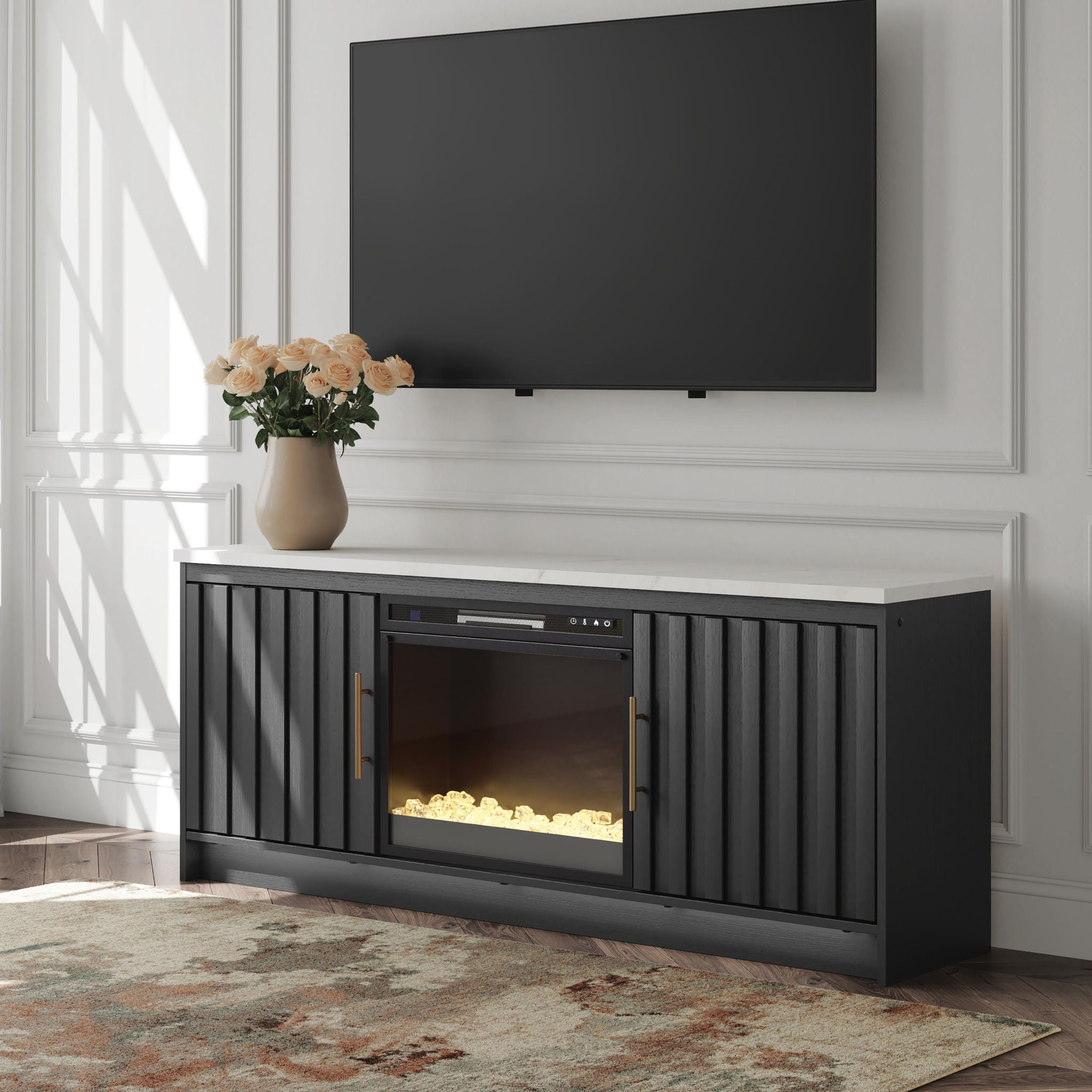 Black TV stand with TV panel and built-in fireplace insert, open flame effect