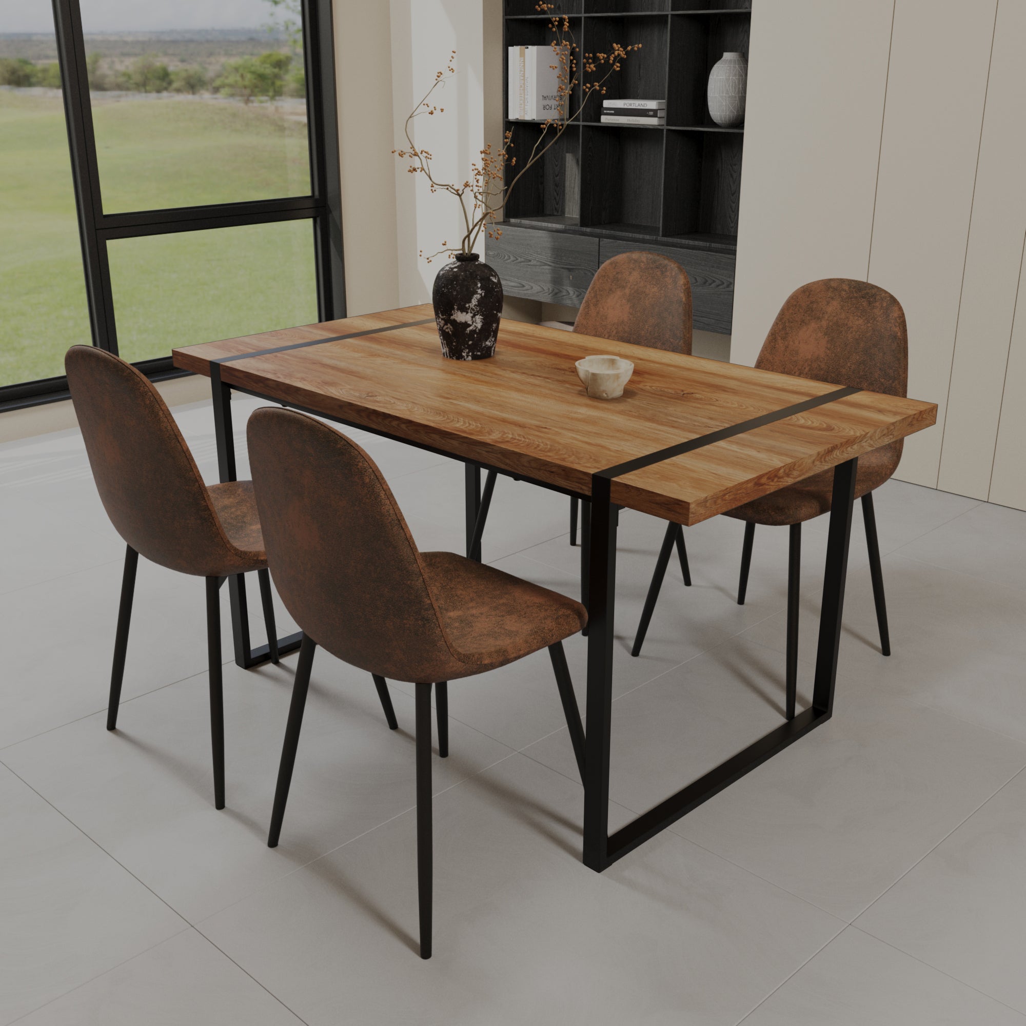 59" Modern Dining Table & 4 Suede Chairs Set
