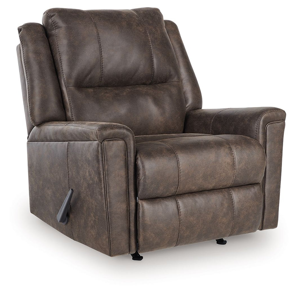 Dark gray faux-leather rocker recliner with padded armrests and tufted back