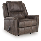 Dark gray faux-leather rocker recliner with padded armrests and tufted back
