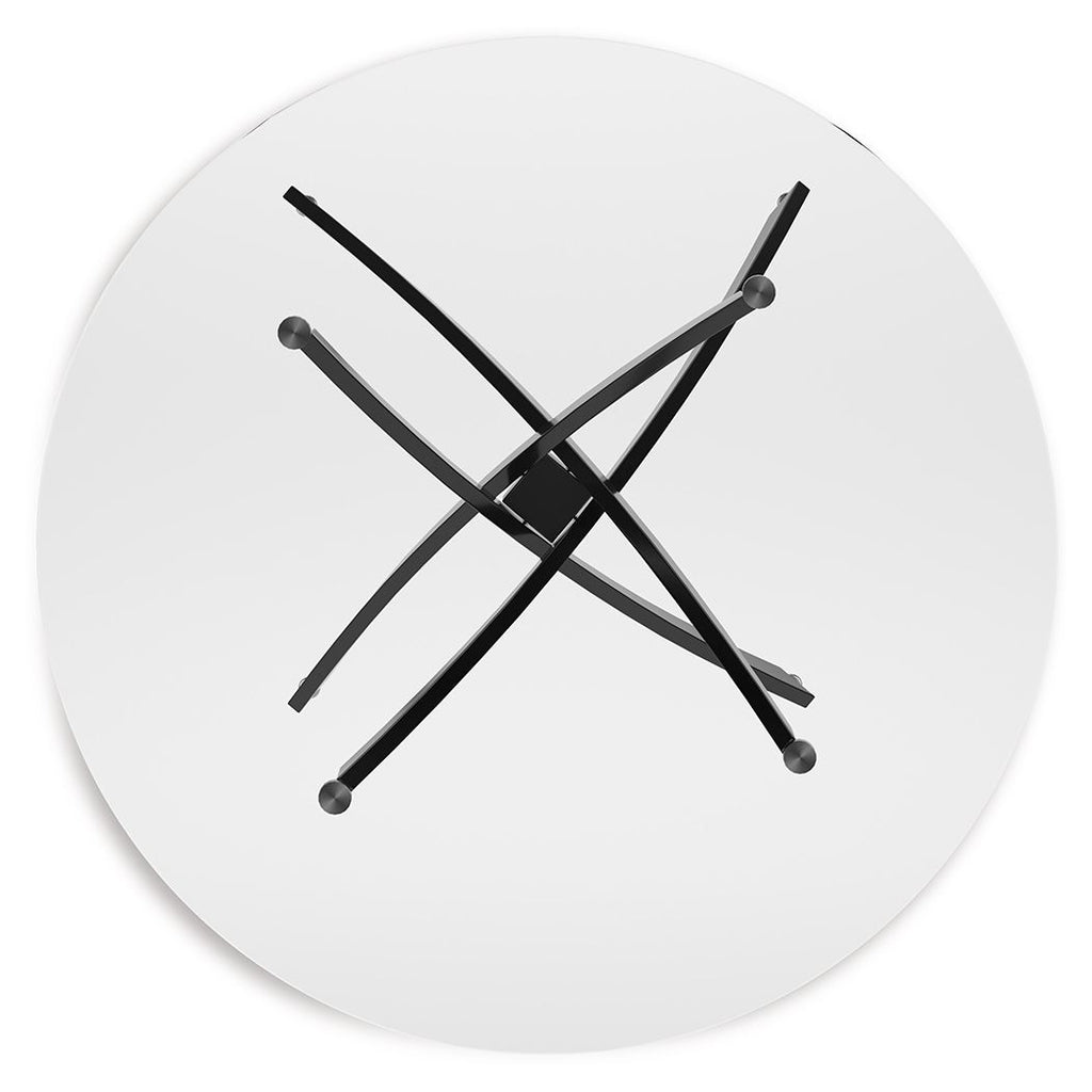 Round dining table underside view with black crossed metal legs