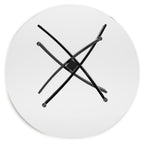 Round dining table underside view with black crossed metal legs
