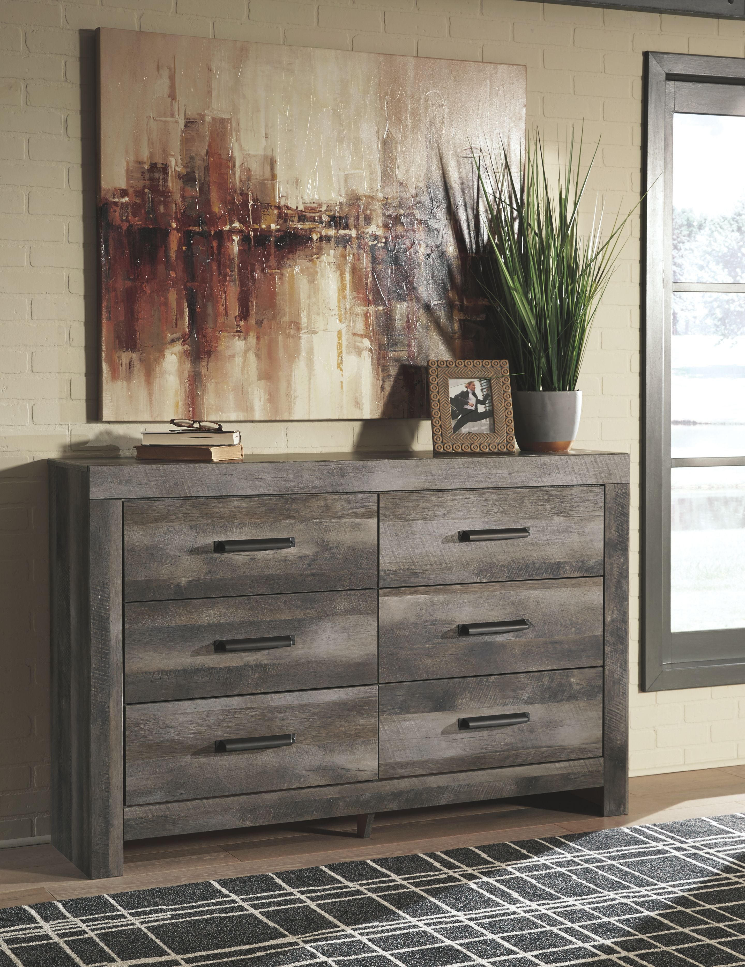 Gray dresser with mirror and six drawers, bar pulls