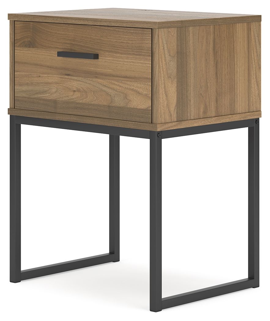 Honey one-drawer night stand with black metal legs and centered drawer pull