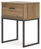 Honey one-drawer night stand with black metal legs and centered drawer pull