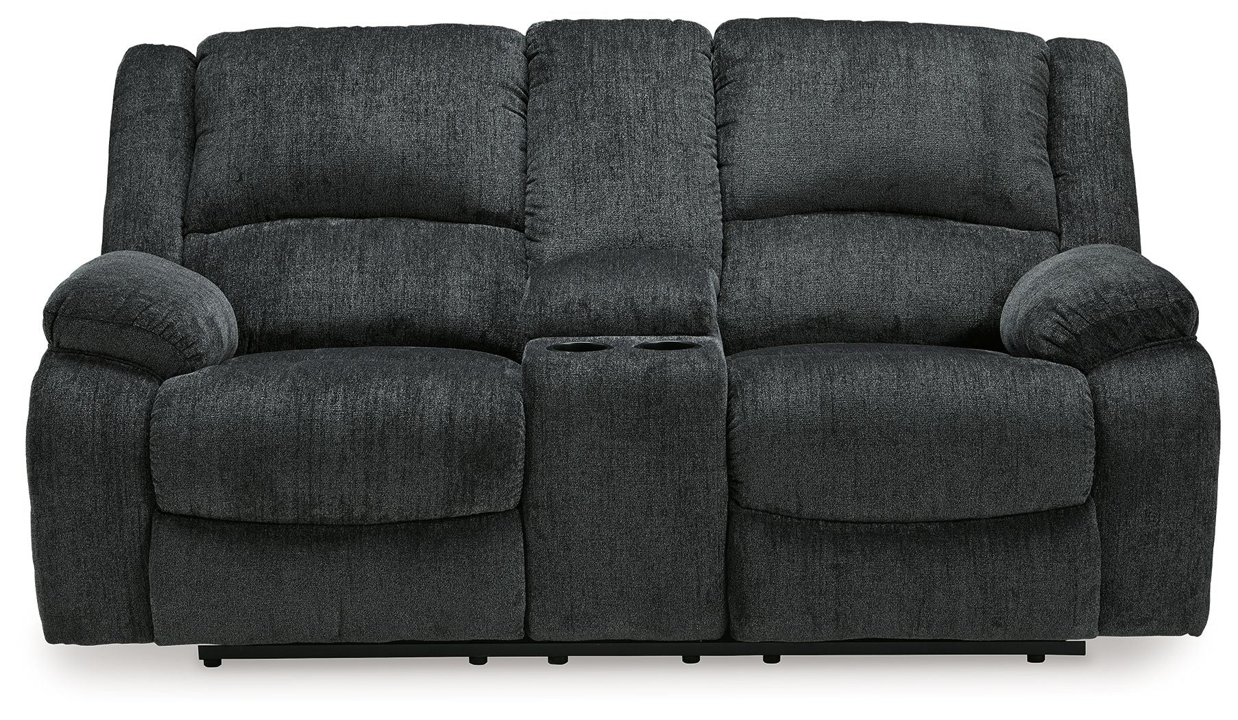 Dark gray reclining loveseat with three back sections and rounded armrests