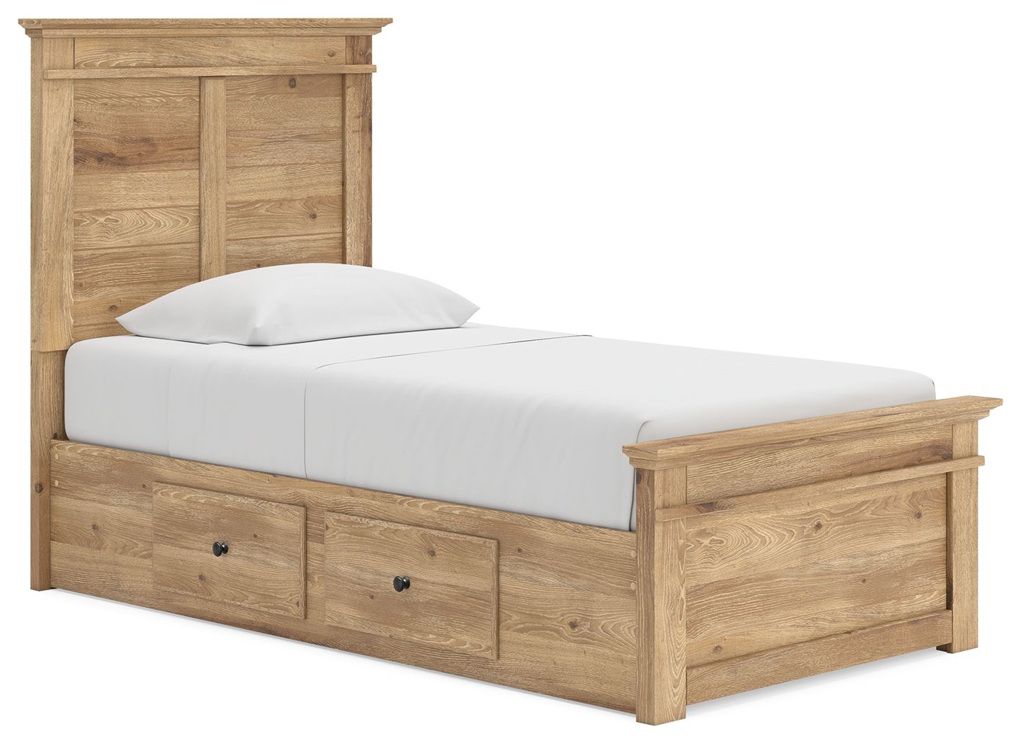Light brown panel storage bed with white mattress and three-drawer front