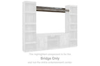 Gray-topped TV bridge unit with open cubby shelves on both sides
