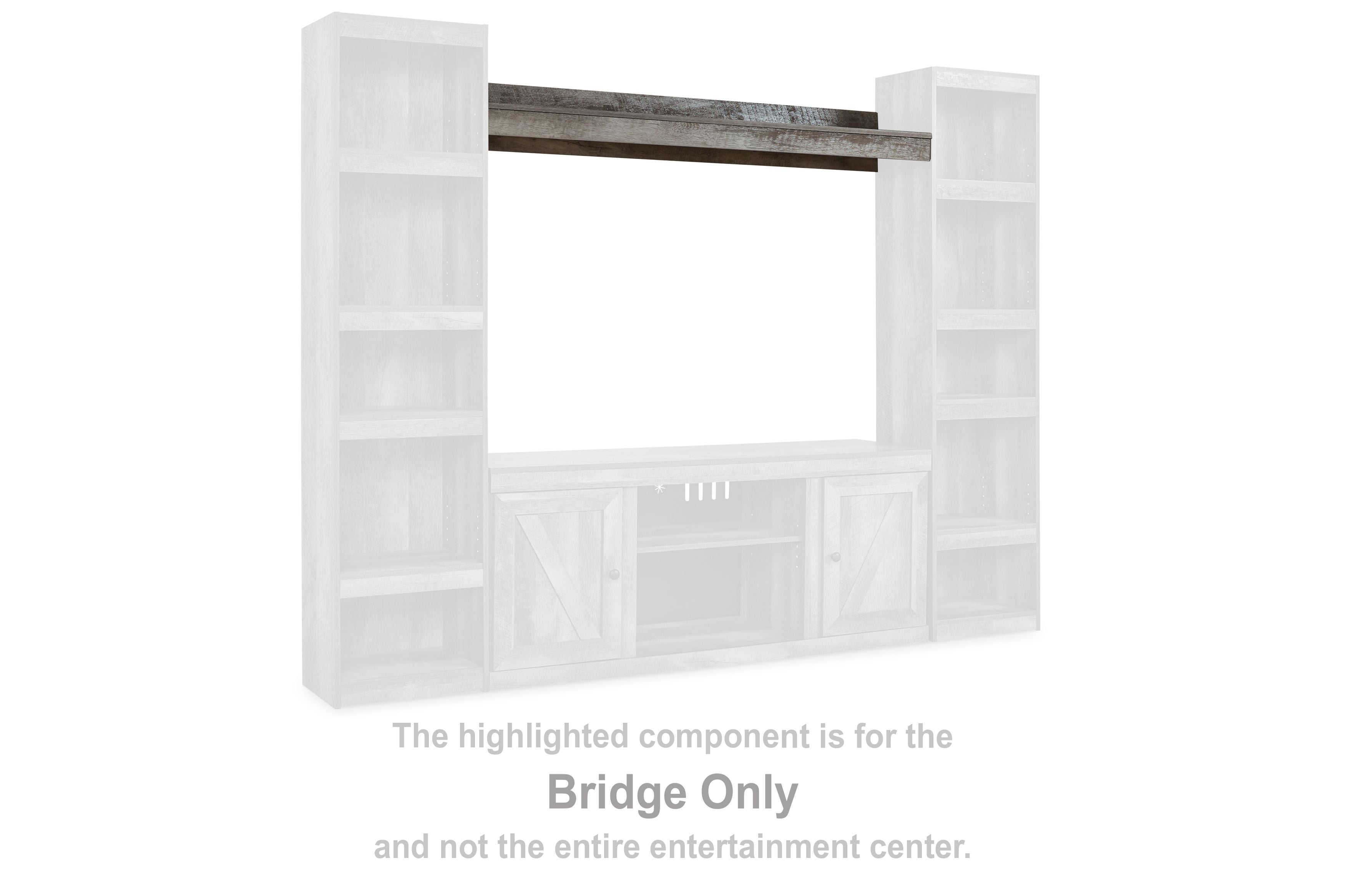 Gray-topped TV bridge unit with open cubby shelves on both sides