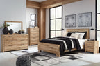 Tan wood dresser with attached mirror and six drawer doors with metal pulls