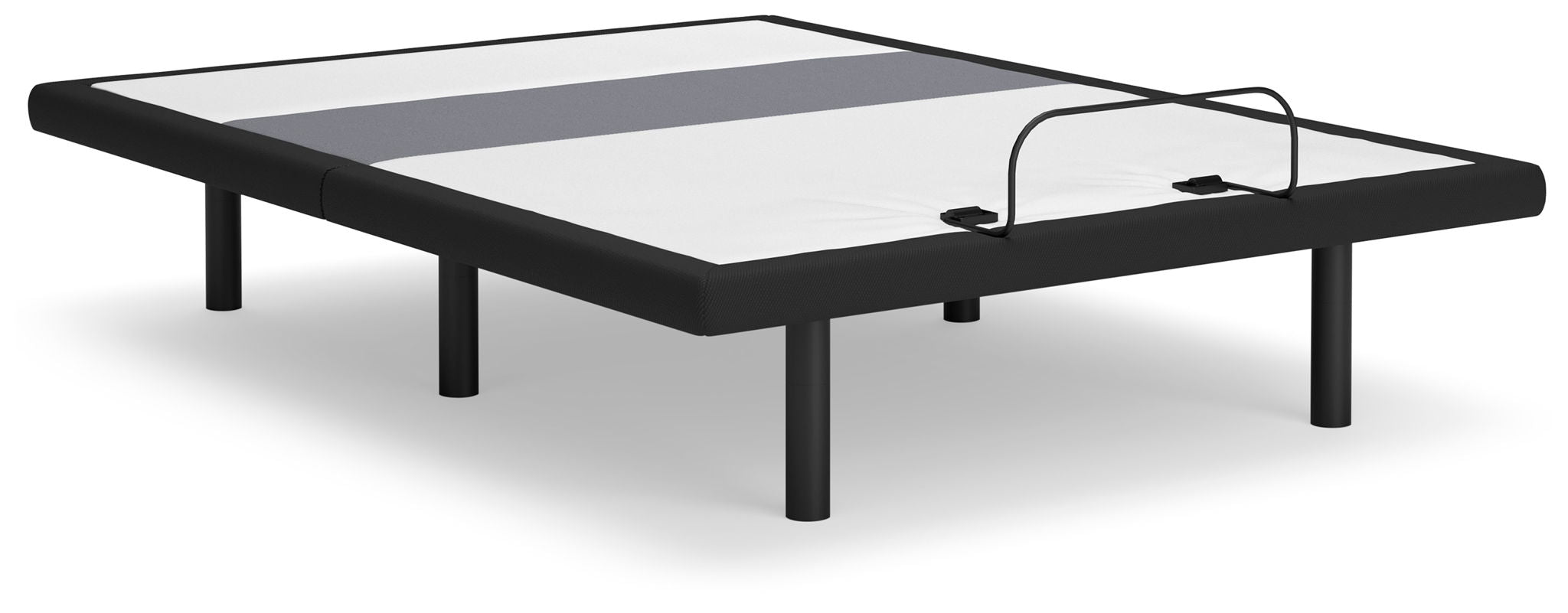 Adjustable bed base with lumbar support and audio, dark frame, platform top view with cable