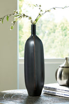 Rhaveney large black vase holding white flowers; vertical bronze stripe