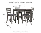 Gray square counter table set with four stools, shown with dimension diagram.